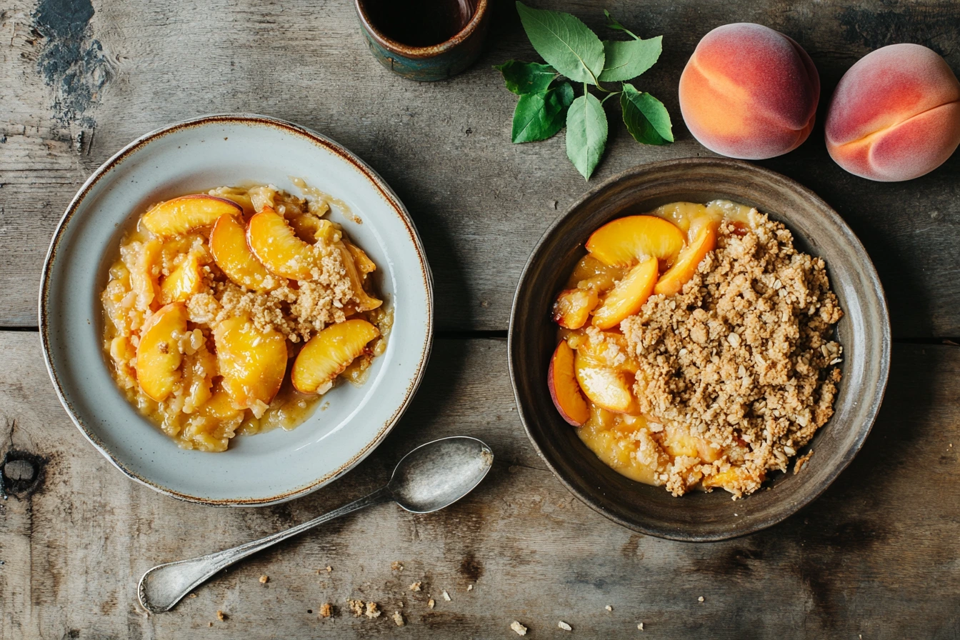 Side-by-side view of peach cobbler and peach crumble on plates