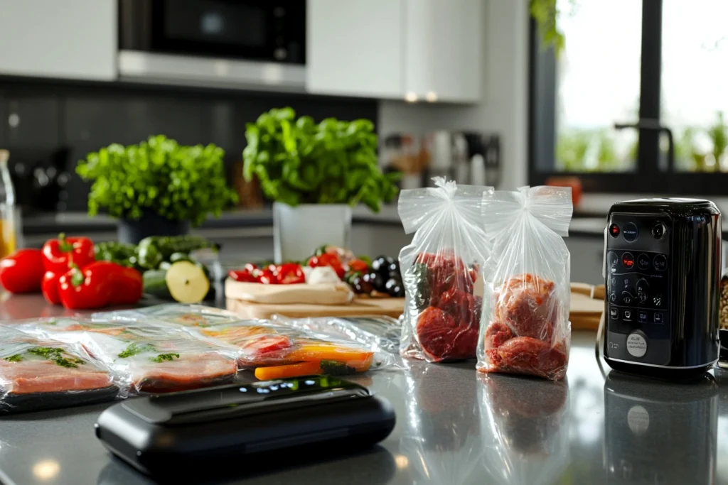 Kitchen setup featuring sous vide tools and fresh ingredients.