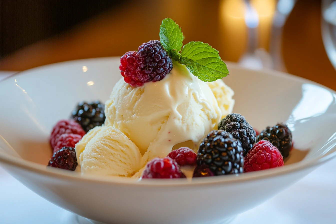 Vanilla ice cream with berries and mint in a bowl