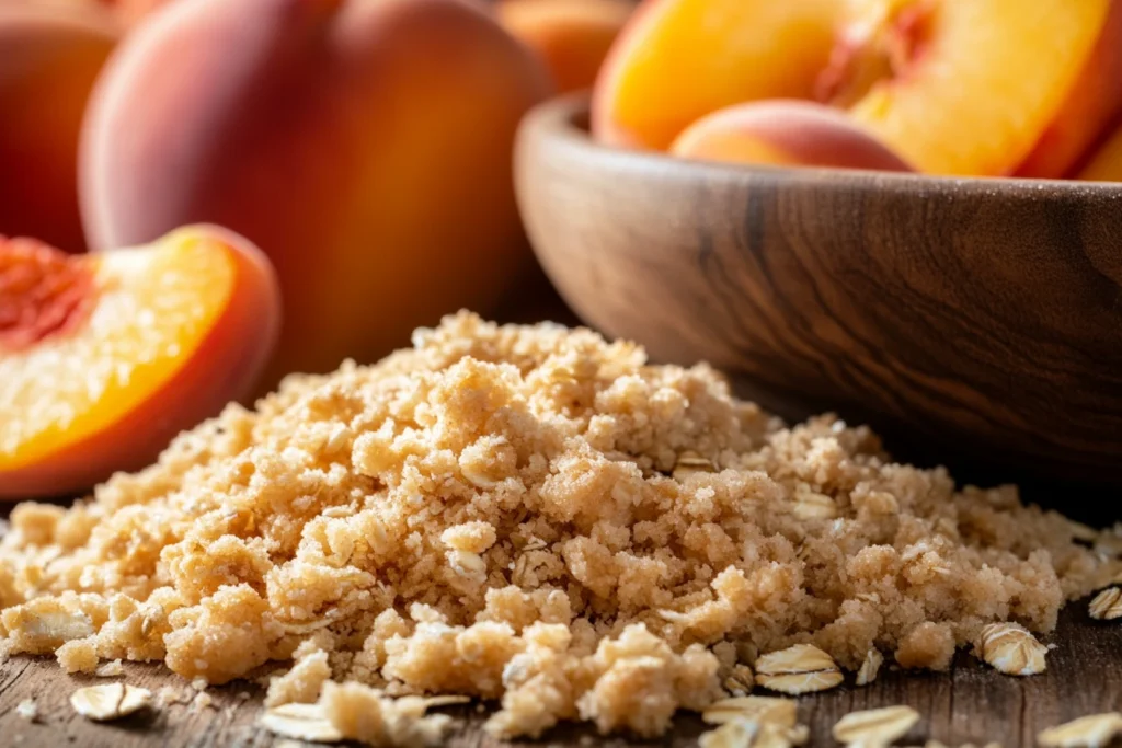 Close-up comparison of peach crumble topping versus peach crisp topping, highlighting texture differences.