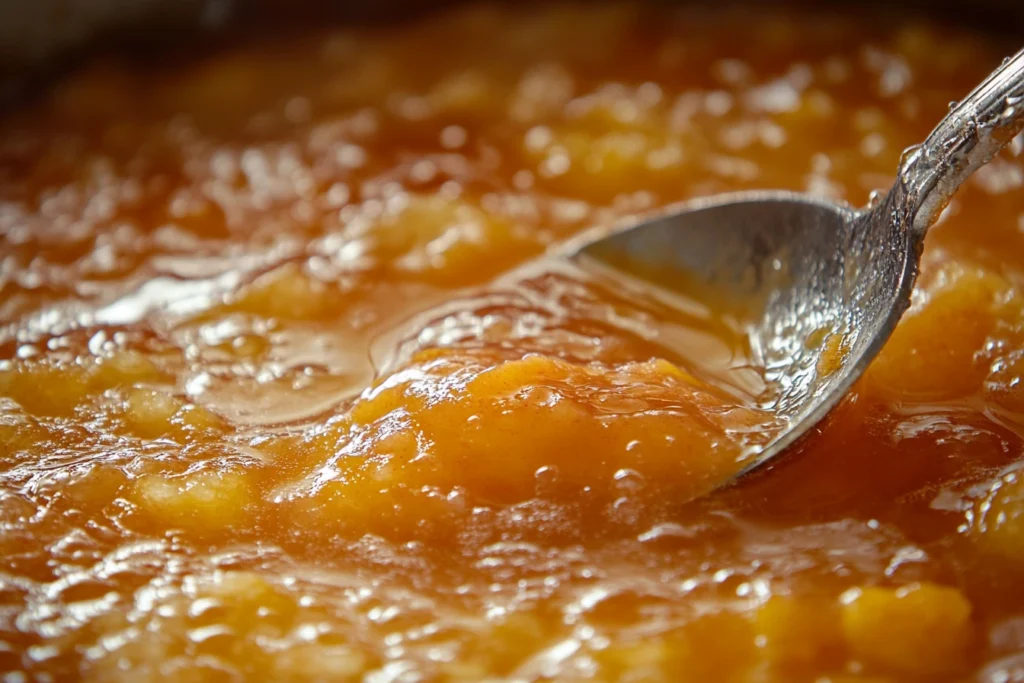 Close-up of a soggy peach crisp showing wet topping and excess liquid.