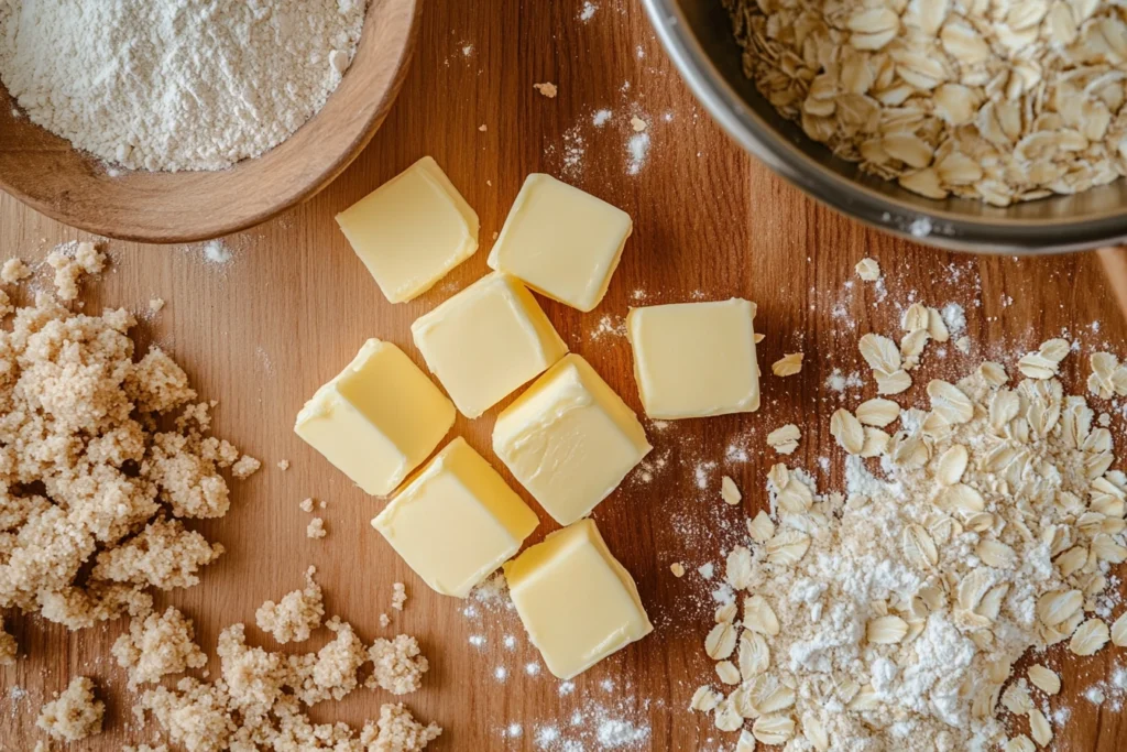 Ingredients for crumble topping: butter, flour, sugar, and oats on a countertop ready for mixing.