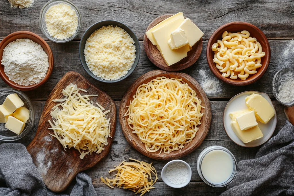 Ingredients for mac and cheese: shredded cheese, butter, milk, pasta, and seasonings on a countertop.