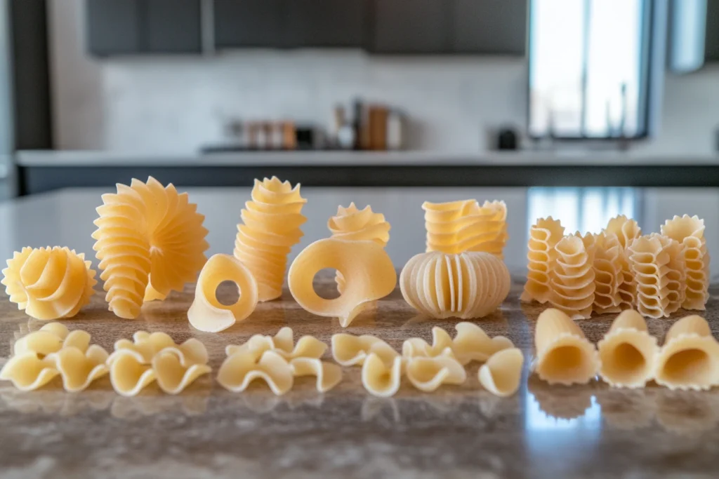 Different types of pasta for mac and cheese, featuring cavatappi, elbow, and shell pasta.