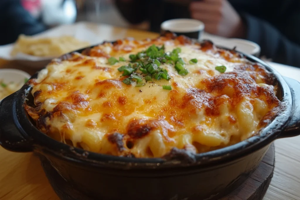 A dish of mac and cheese topped with melted, golden cheese in a rustic casserole dish.