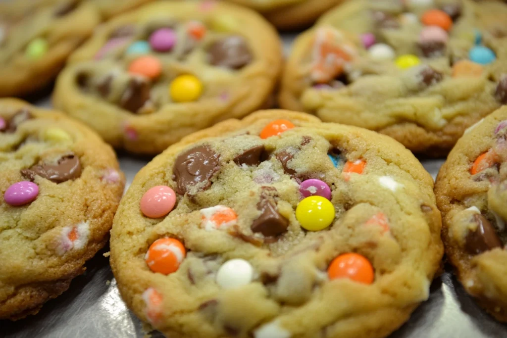 Close-up of carnival cookies showing soft texture and colorful sprinkles and candy pieces.