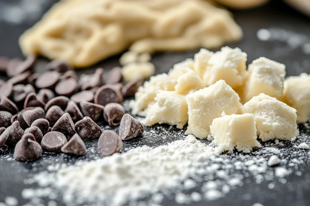 Raw cookie dough scoops on a baking sheet with chocolate chips and a light flour coating.