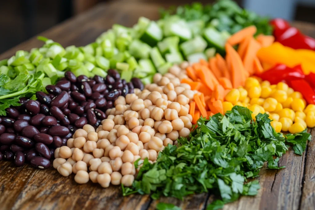 Close-up of beans and vegetables for salad preparation.