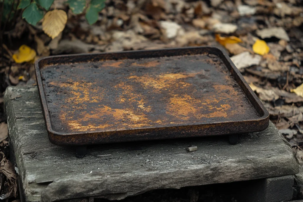 Rusty Blackstone griddle left uncovered outdoors.