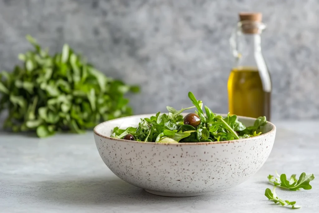 Fresh salad with olive oil drizzled and a bottle of extra virgin olive oil.