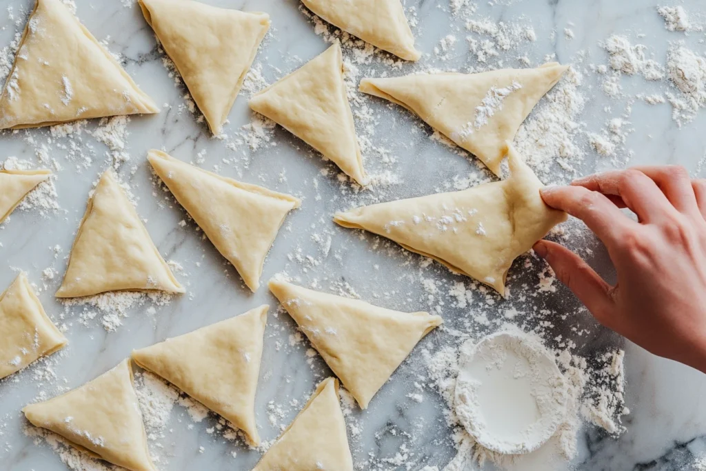 Step-by-step process of shaping Gipfeli dough into crescents.