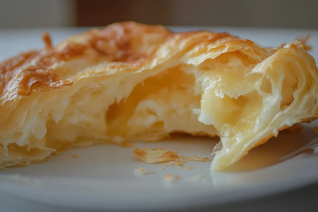 Close-up of a croissant’s flaky layers and golden crisp edges.