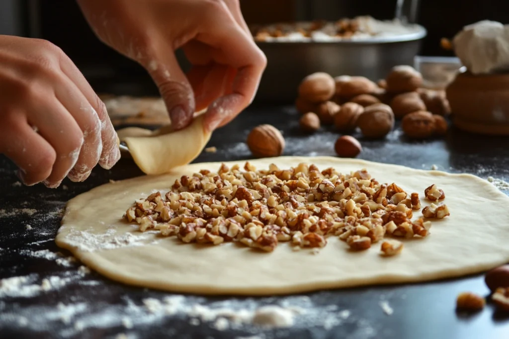 Nut filling being spread on rolled-out dough for Nussgipfel preparation.