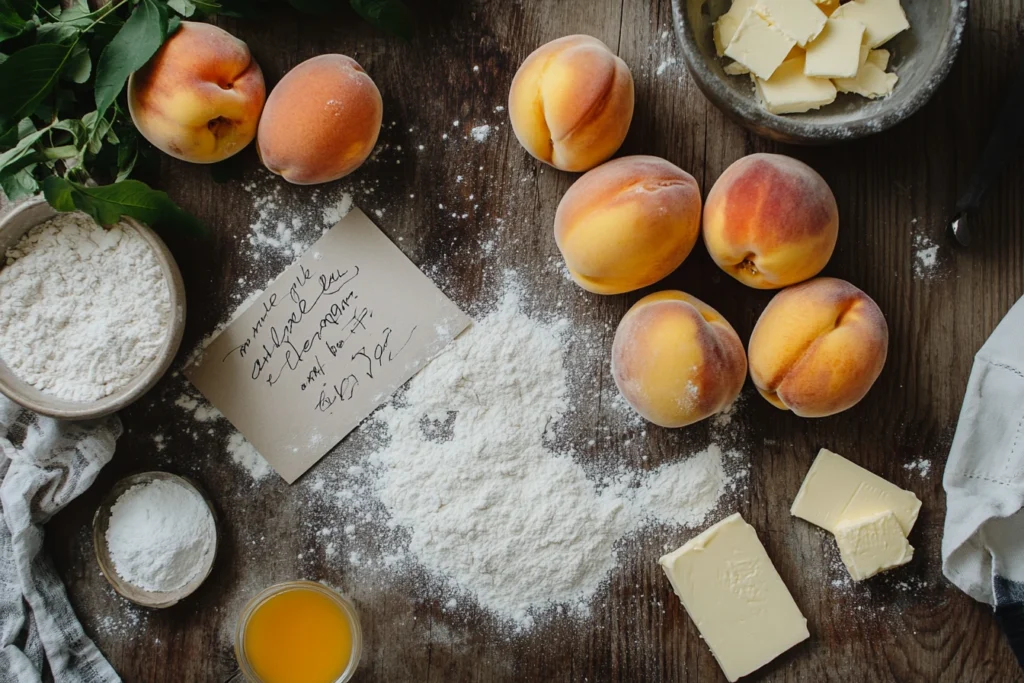 Fresh peaches, flour, sugar, and butter ingredients for making peach crumble on a rustic counter.