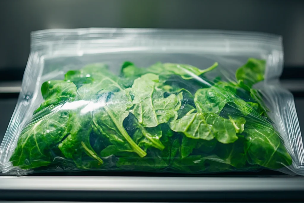 Sous vide bag with wilted greens, highlighting the problem with sous vide.