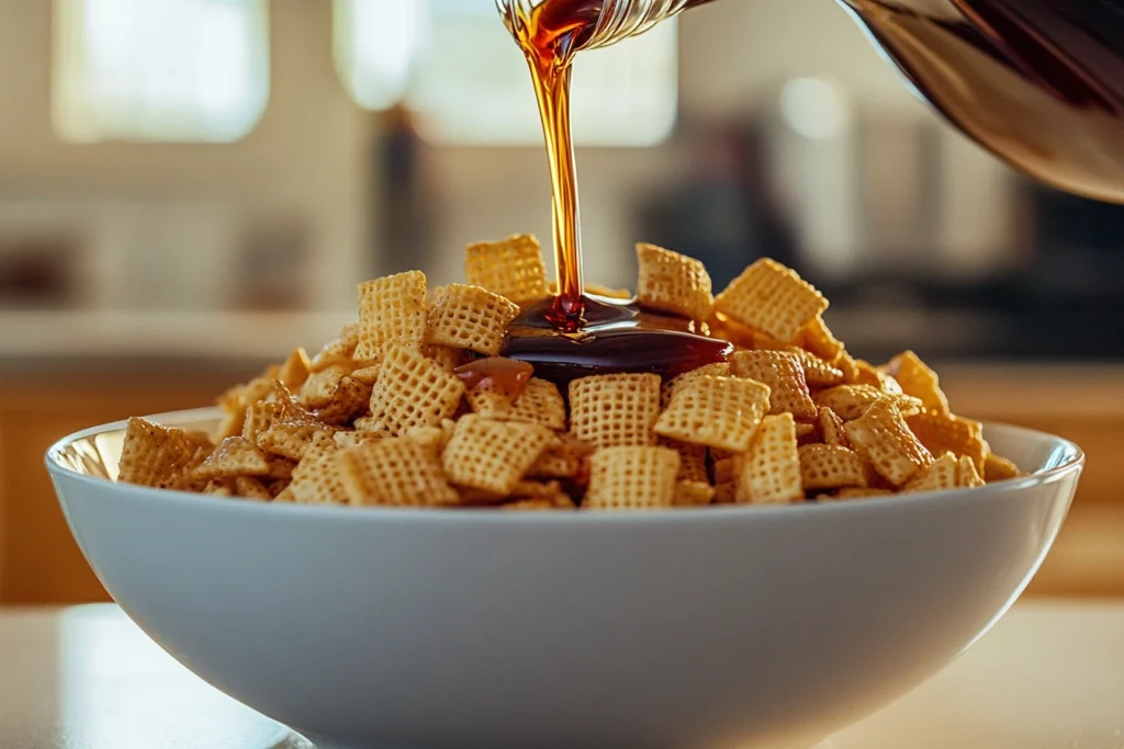 Excessive butter and liquid added to Chex Mix.