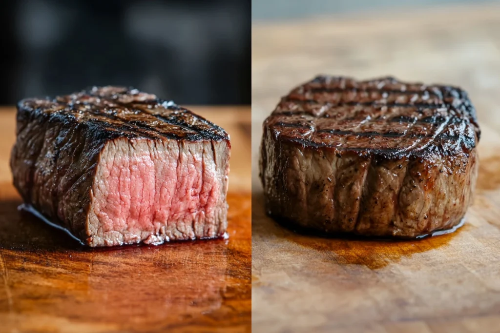 Sous vide steak vs. grilled steak showing texture differences.