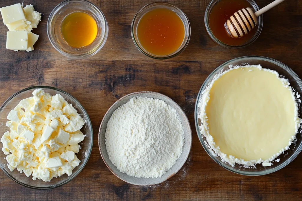 Homemade Greek-style cheesecake with honey, cheese, and crust ingredients.