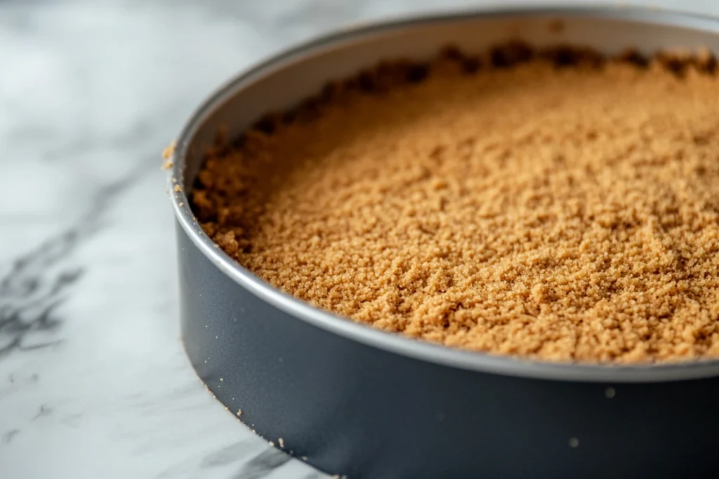 Pressing graham cracker crust into a springform pan for cheesecake.