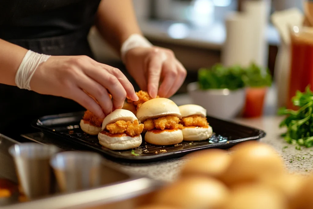 Hands assembling chicken minis step by step.