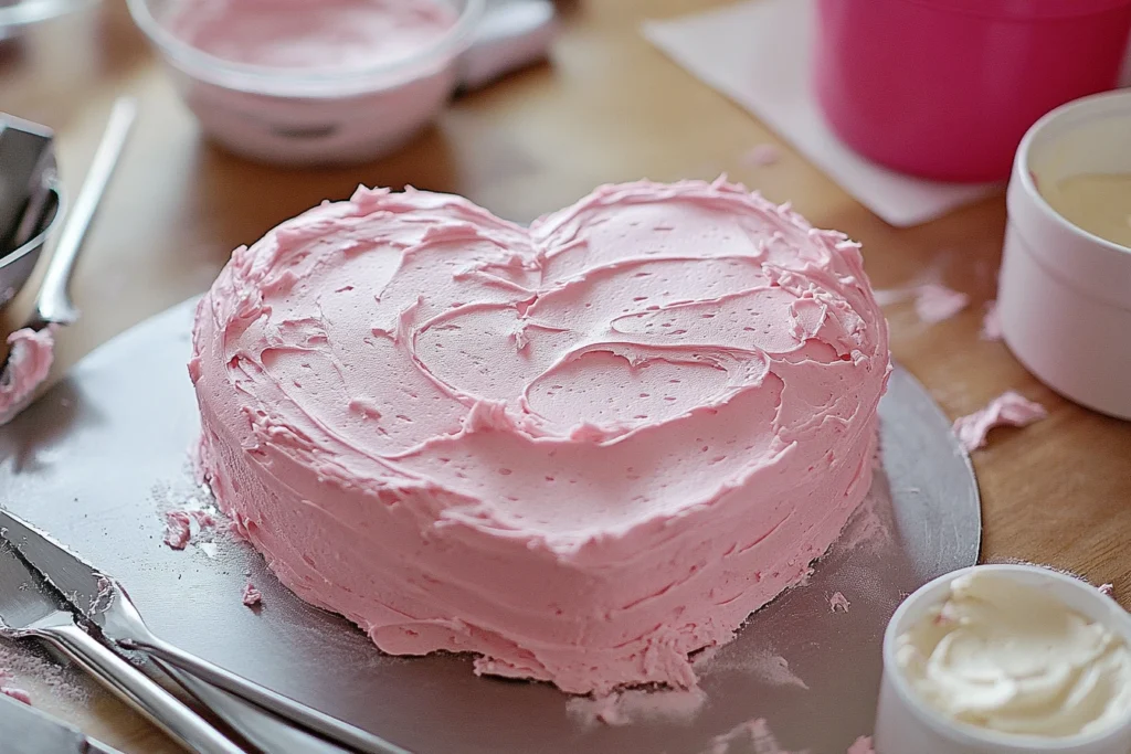 Heart cake being frosted with buttercream.