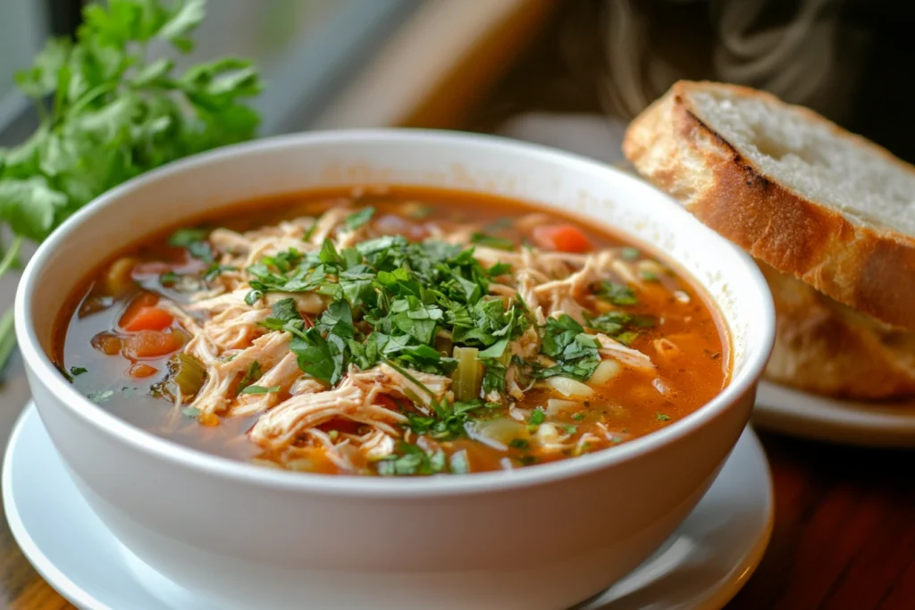 A bowl of chicken noodle soup made with shredded rotisserie chicken.