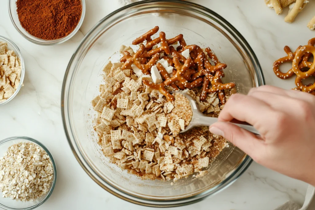 Mixing Chex Mix ingredients in a bowl.