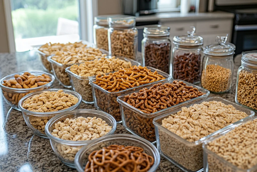 Ingredients for making homemade Chex Mix.