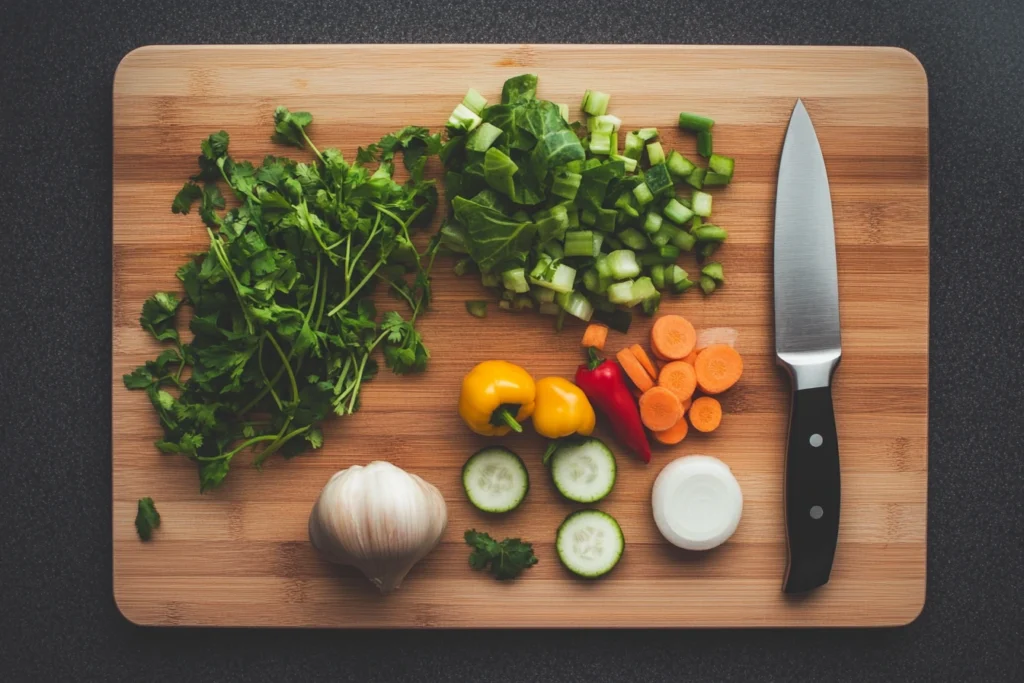 Chopped vegetables for chow chow on a cutting board.