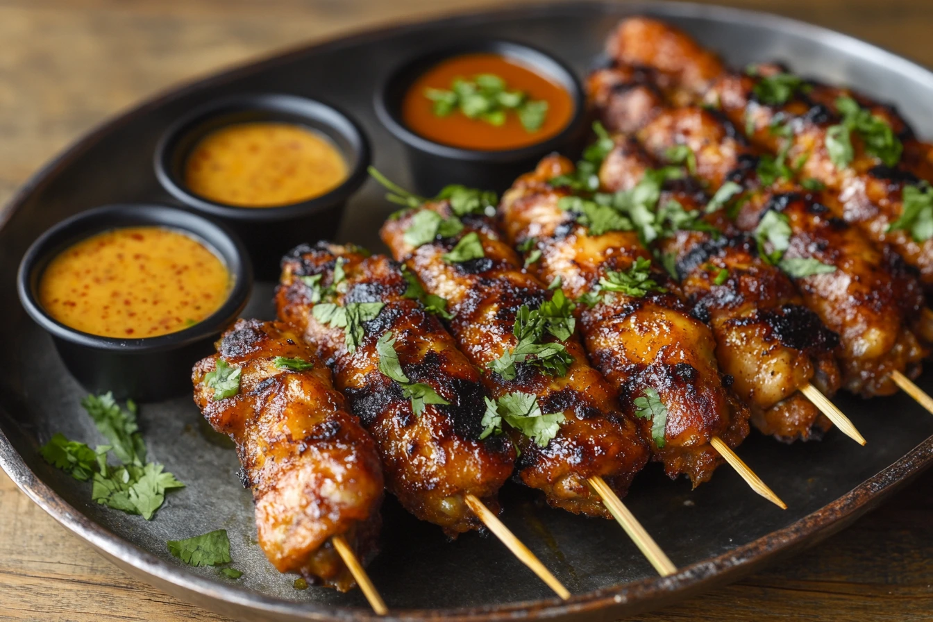 Golden-brown smoked chicken wings, perfect meats to smoke in 2 hours, garnished with herbs and served with dipping sauces.