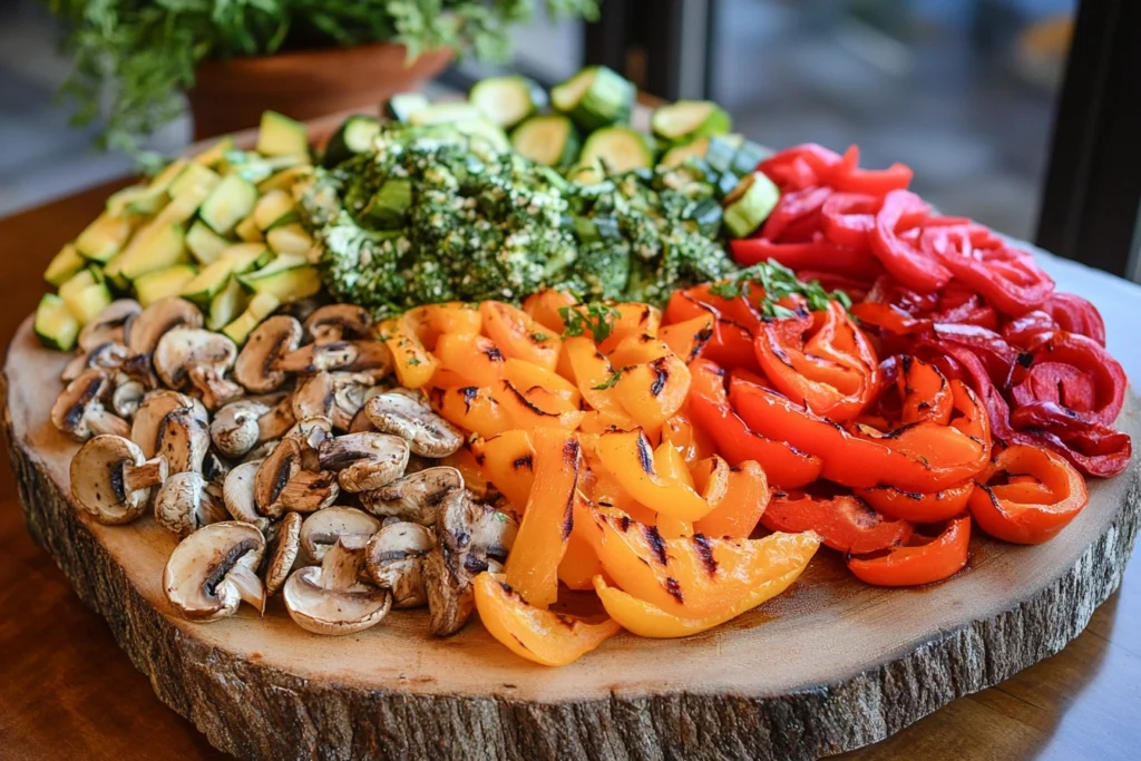 Smoked vegetables, including bell peppers, zucchini, and mushrooms, on a wooden platter