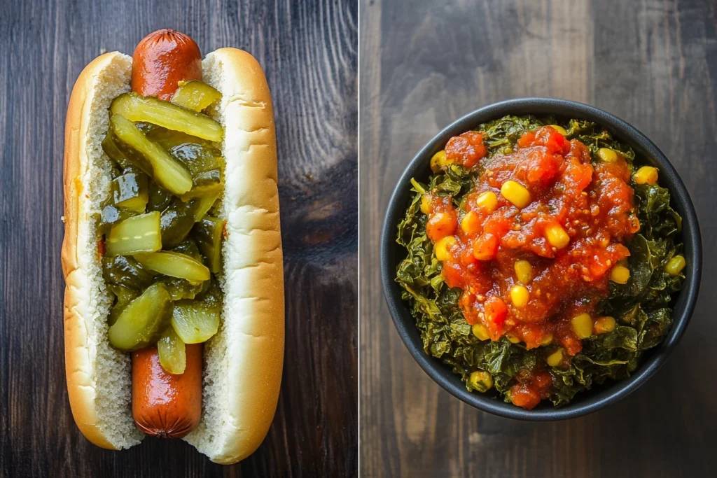 Split-view showing pickle relish on a hot dog and chow chow with cornbread and greens.