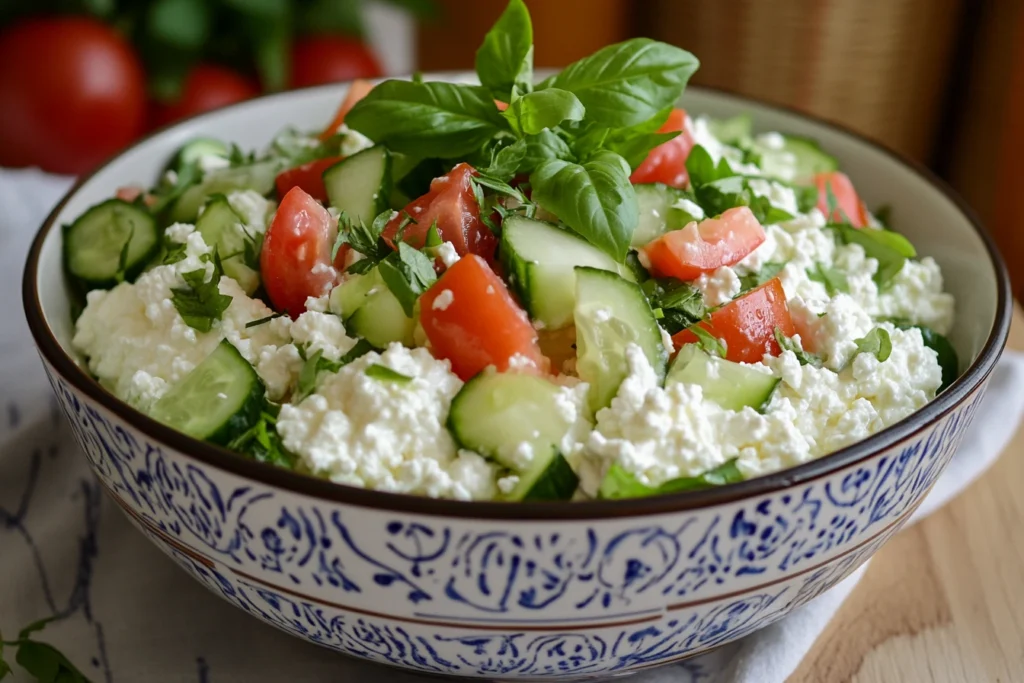 A fresh and nutritious cottage cheese salad with vegetables and herbs, ideal for a light lunch.