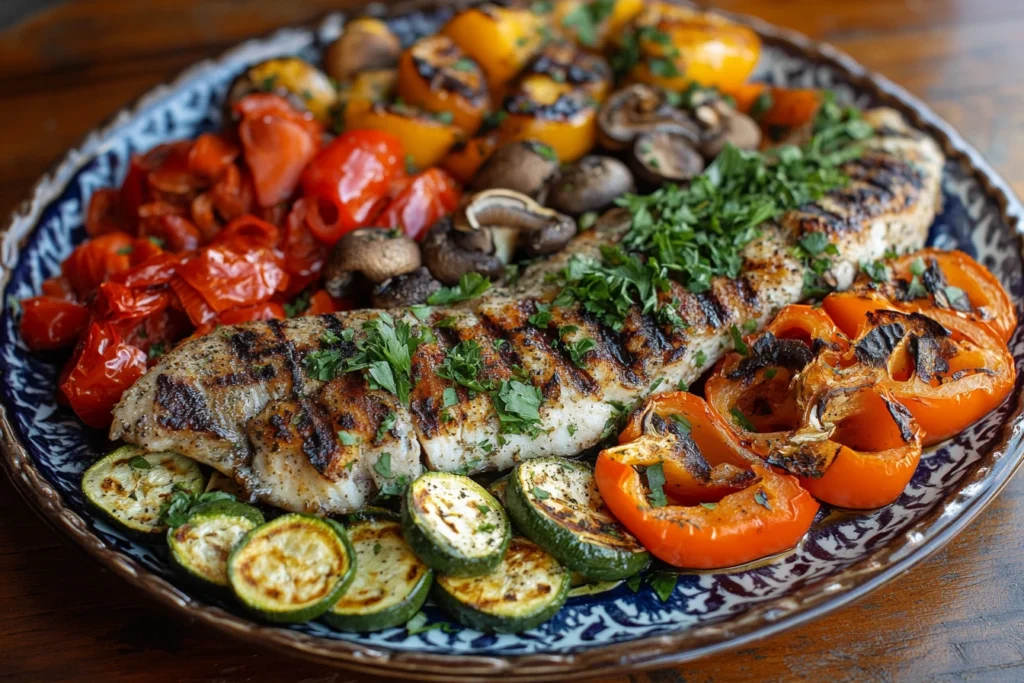 Colorful smoked vegetable platter with peppers, mushrooms, and zucchini.