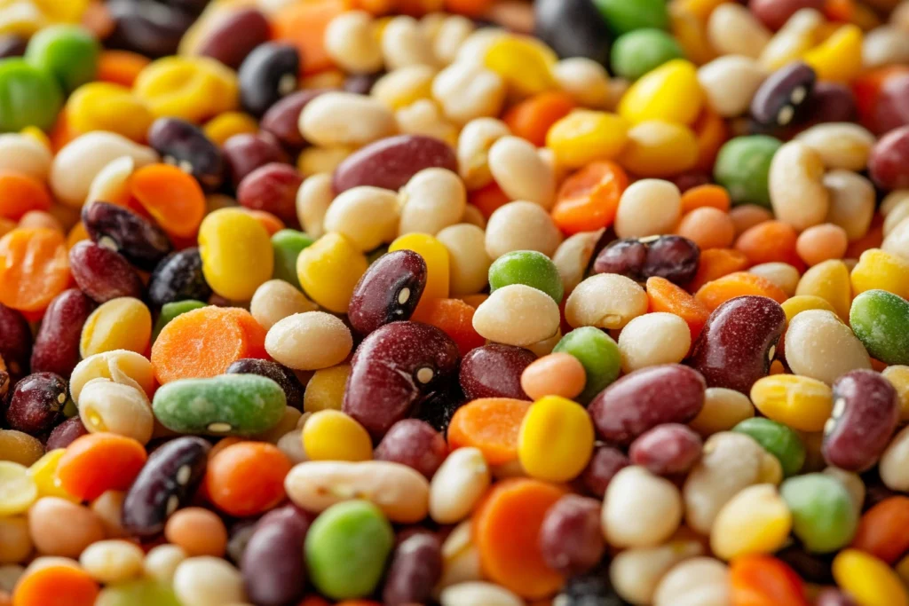 Close-up of dense bean salad highlighting its thick texture.