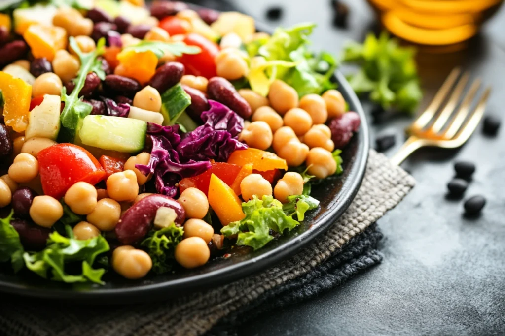 Close-up of nutrient-rich dense bean salad with beans and vegetables.