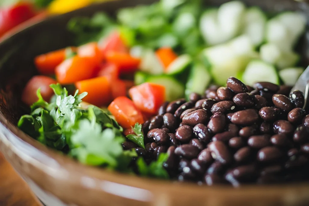 Close-up of black beans being added to a salad.