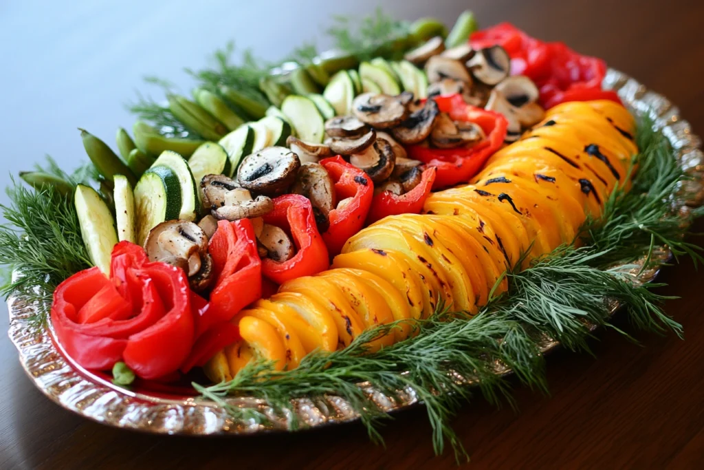 Platter of smoked vegetables with herbs, including peppers, zucchini, mushrooms, and asparagus.