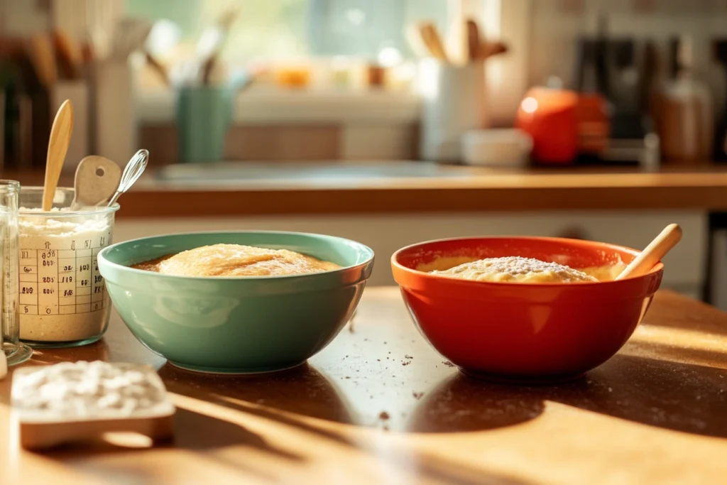 Hotcake batter and pancake batter being prepared on a kitchen counter.