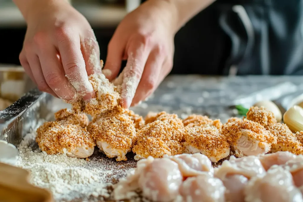 Breaded chicken being prepared for cooking.