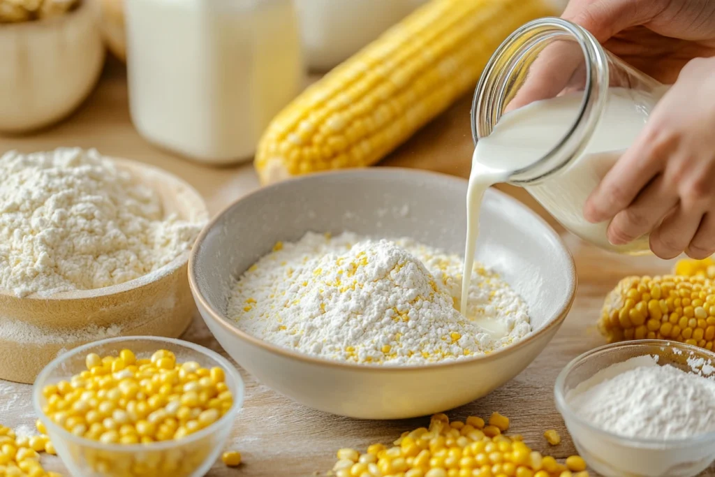 Mixing cornbread batter with buttermilk and ingredients.