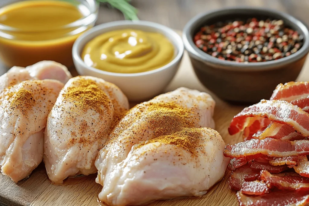 Raw chicken breasts being seasoned with spices.