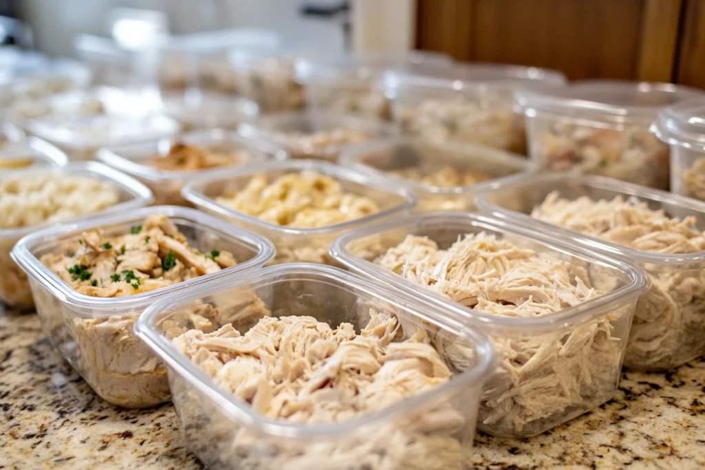 Shredded rotisserie chicken stored in labeled airtight containers.