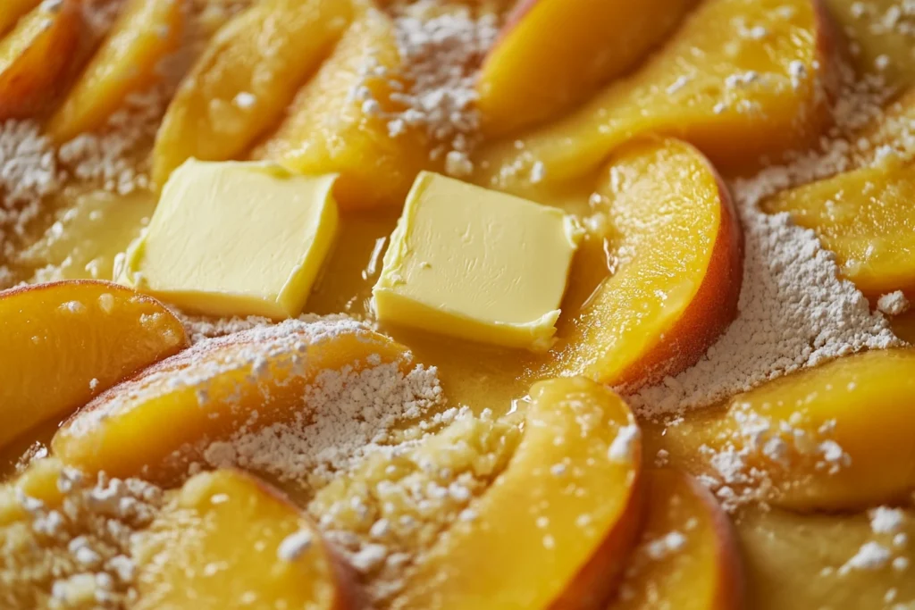 Close-up of layering peaches, cake mix, and butter slices in a baking dish.