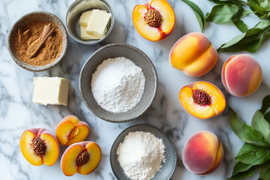 Flat lay of ingredients for Patti LaBelle's peach cobbler: peaches, sugar, spices, and butter.