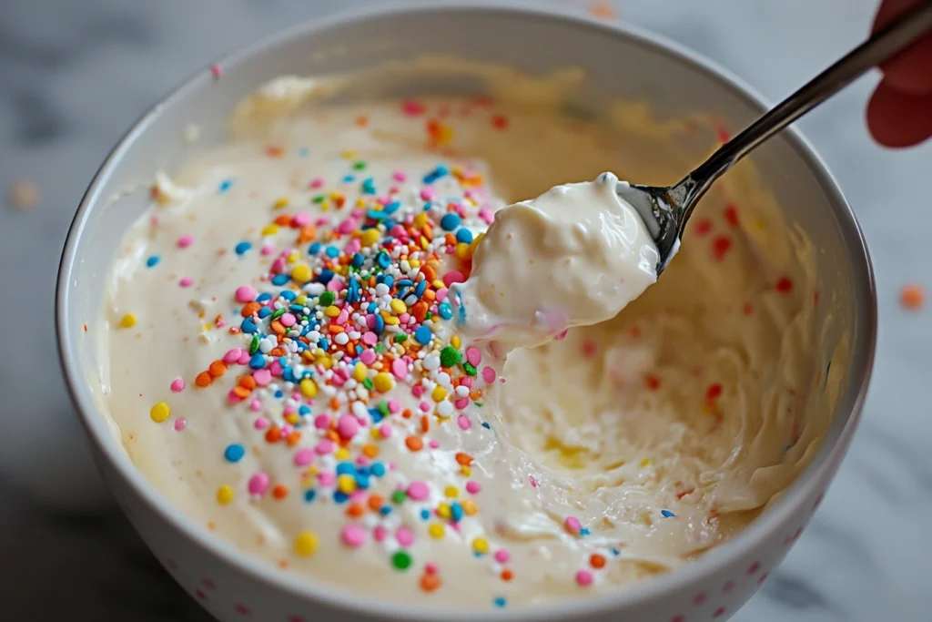 Close-up of sour cream being added to cake batter in a mixing bowl.