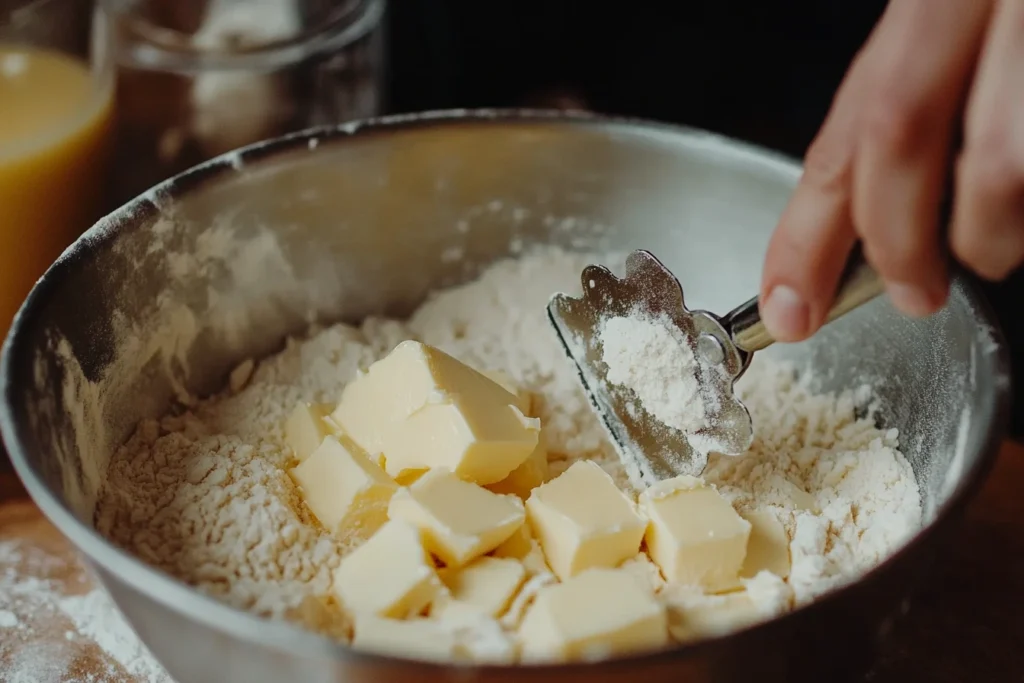 Close-up of butter being cut into flour for cobbler crust preparation.