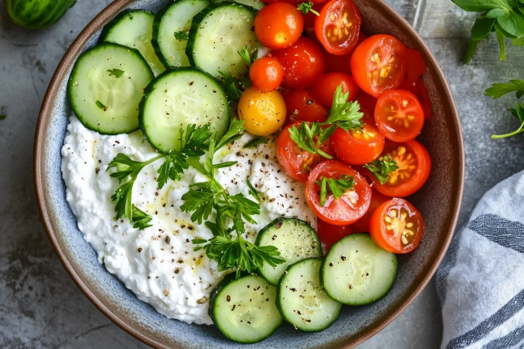 A savory cottage cheese mix with cucumbers, tomatoes, and herbs for a refreshing and nutritious meal.