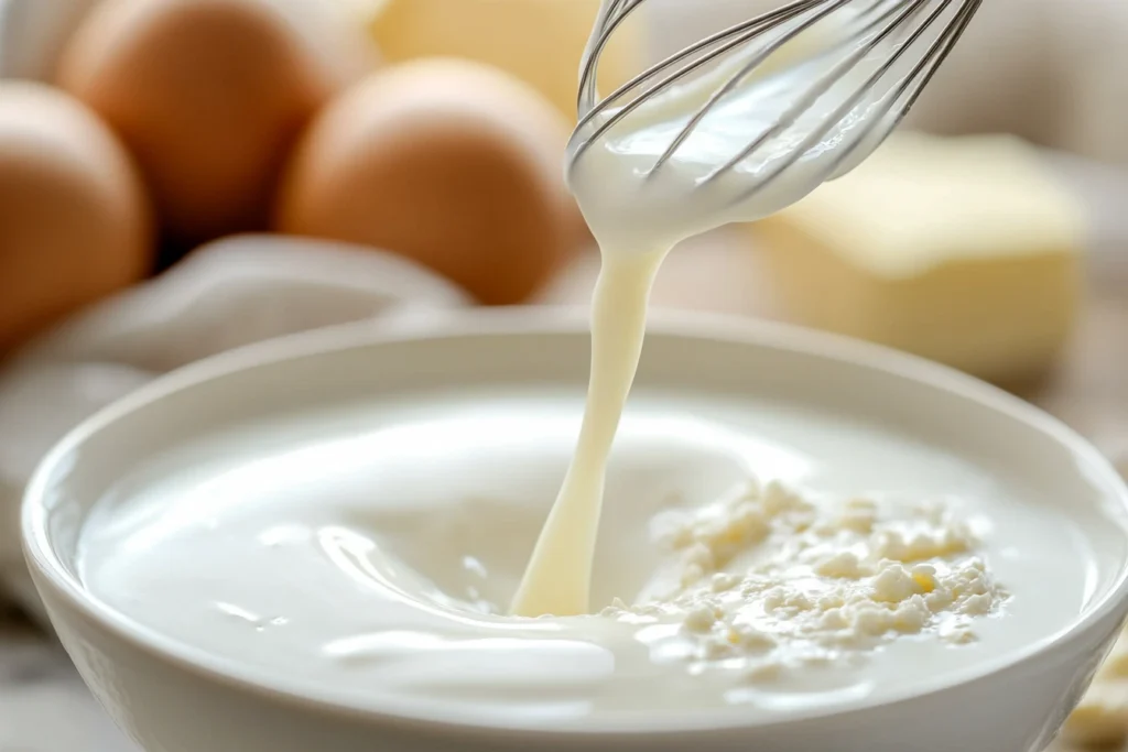 Milk being added to pancake mix in a bowl with whisk and other ingredients nearby.