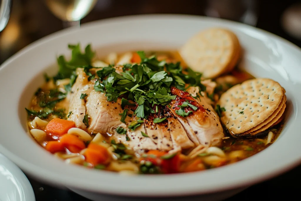 A bowl of chicken noodle soup made with leftover rotisserie chicken and fresh vegetables.